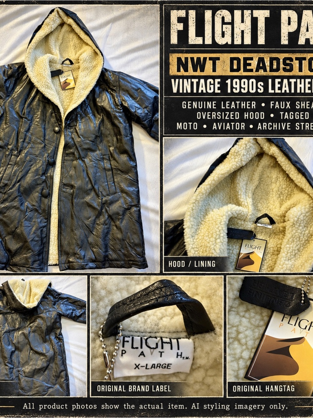 Rare Flight Path Genuine Leather Shearling Hooded Coat XL Deadstock NWT Aviator